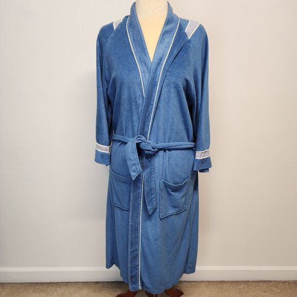 Vintage Rabhor Robe Lounge Smoking Jacket Blue Gray Belted One Size 60s 70s Hef - Picture 1 of 10